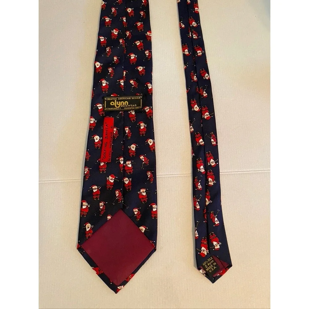 Alynn Neckwear Mens Golfing Santa Christmas Silk Tie Navy Blue Made in USA